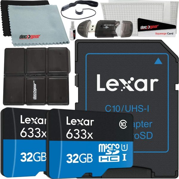 Lexar Pack of 2 High-Performance 633x 32GB (64GB Total) MicroSDHC UHS-I Memory Cards with SD Adapter LSDMI32GBBNL633A Bundle w/Deco Gear SD Reader & Storage Case + Microfiber Cloth & Accessories