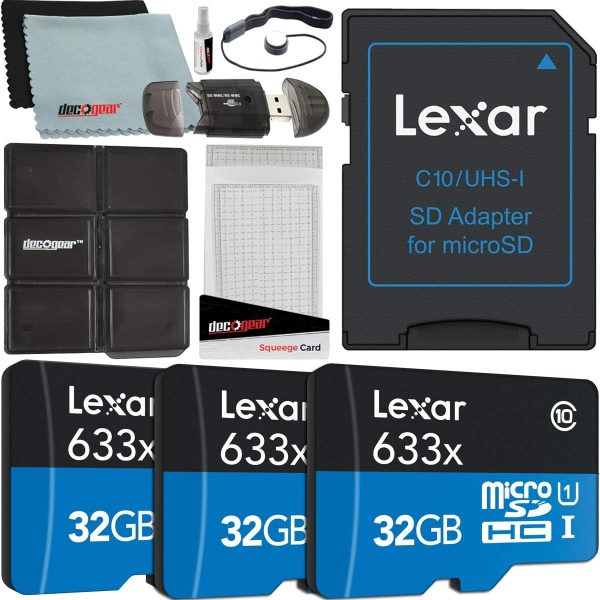 Lexar Pack of 3 High-Performance 633x 32GB (96GB Total) MicroSDHC UHS-I Memory Cards with SD Adapter LSDMI32GBBNL633A Bundle w/Deco Gear SD Reader & Storage Case + Microfiber Cloth & Accessories