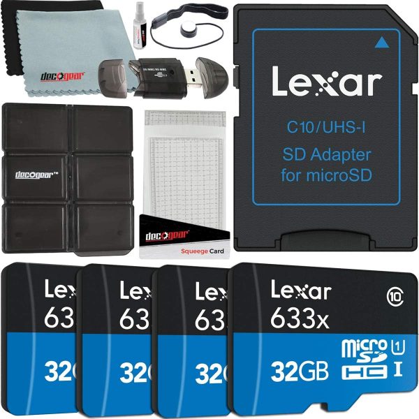 Lexar Pack of 4 High-Performance 633x 32GB (128GB Total) MicroSDHC UHS-I Memory Cards with SD Adapter LSDMI32GBBNL633A Bundle w/Deco Gear SD Reader & Storage Case + Microfiber Cloth & Accessories