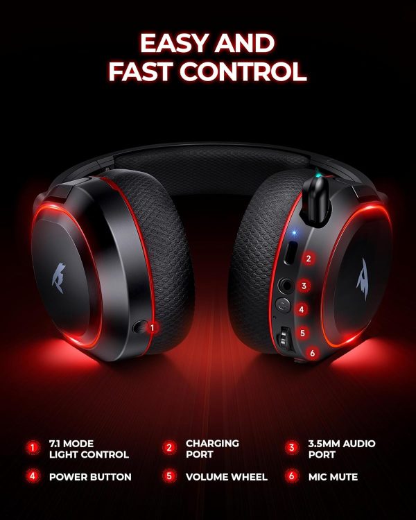 Wireless Gaming Headset, 7.1 Surround Sound, 2.4GHz USB Gaming Headphones with Bluetooth 5.4, 100H Battery, ENC Noise Canceling Mic, 3.5mm Wired, RGB Light, Wireless Headset for PC PS5 PS4 Mac Switch - Image 8